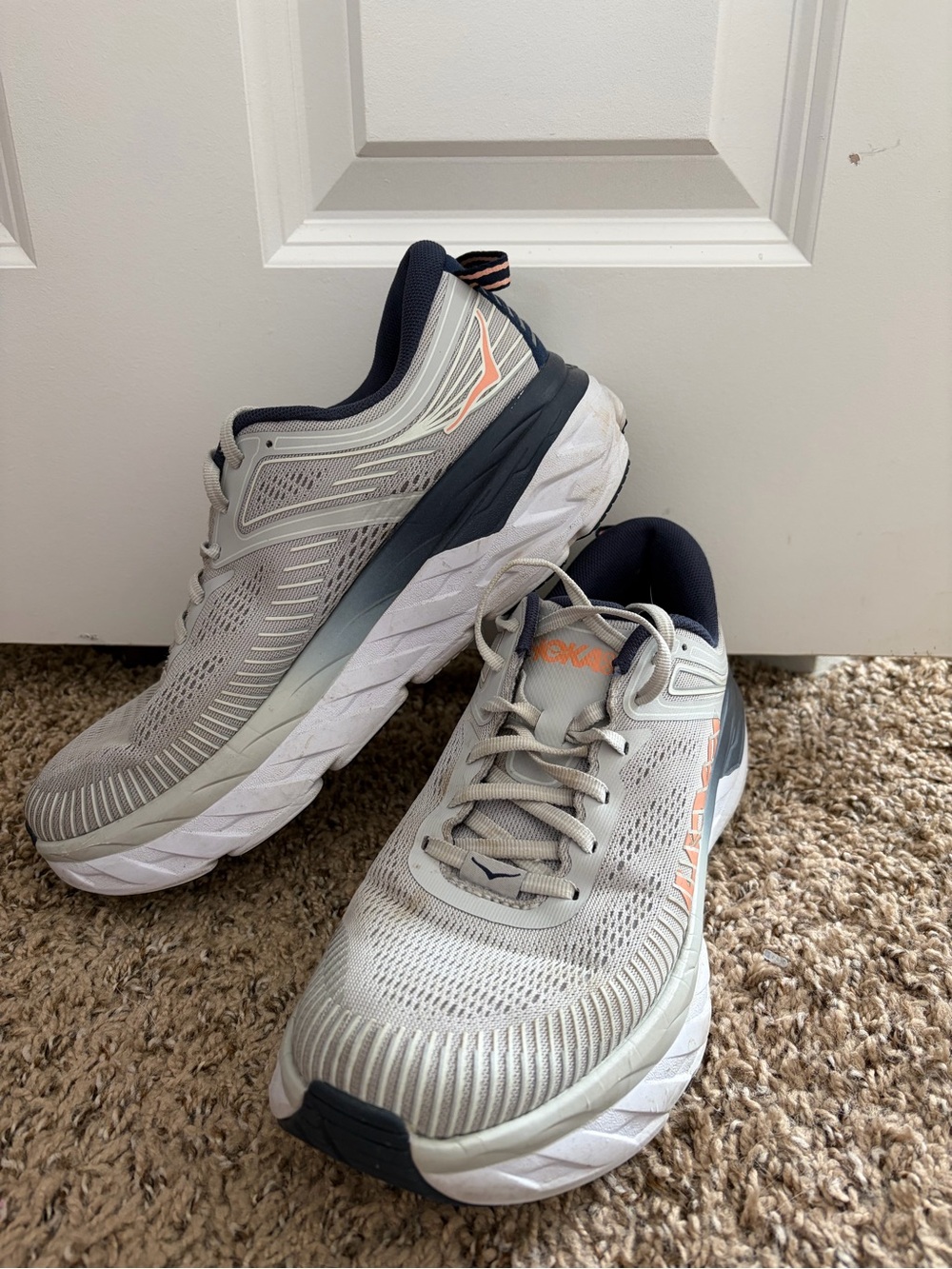 Hoka One One Women’s Light Gray & Navy with Orange Accents Running Shoes
